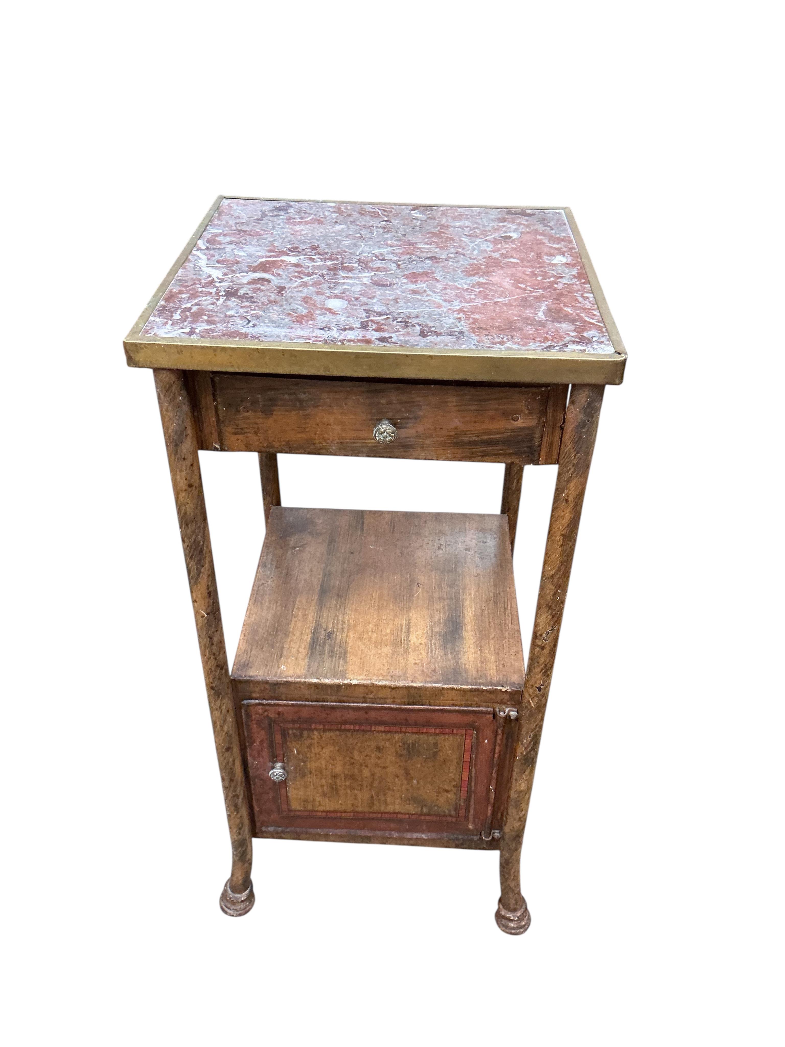 A late 19th / early 20th century French toleware marble topped washstand, with simulated painted grain, width 37cm, depth 35cm, height 77cm